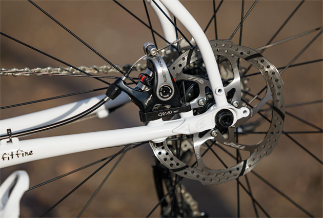 Zoomed in left side view of the rear axle plate, brake disc and brake caliper of a Surly Midnight Special bike