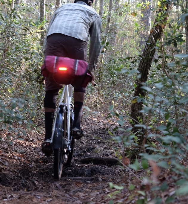 Rear view of a cyclist riding down a leafy trail in the woods on a Surly Midnight Special bike, white and red seat pack