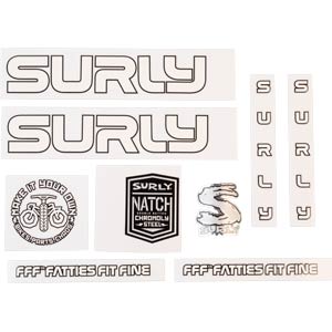 Surly Intergalactic Decal Set, White, sheet showing fork, chainstay, seat tube, down tube decals and head badge