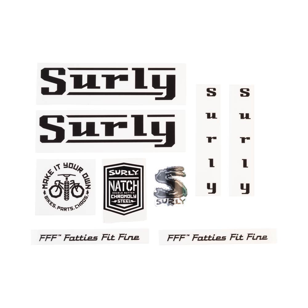 Surly Pacer Decal Set, Black, sheet showing fork, chainstay, seat tube, down tube decals and head badge