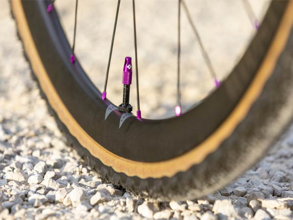 Close up of Whisky carbon rims and anodized purple spoke nipples and tubeless valve cap