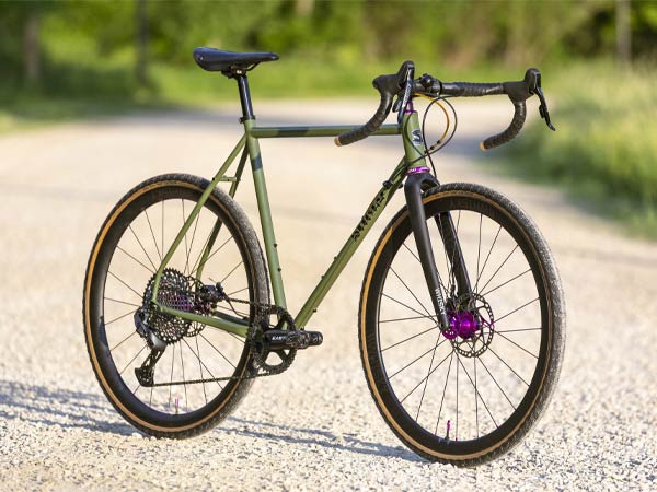 Three quarter front view of complete custom Midnight Special on gravel road