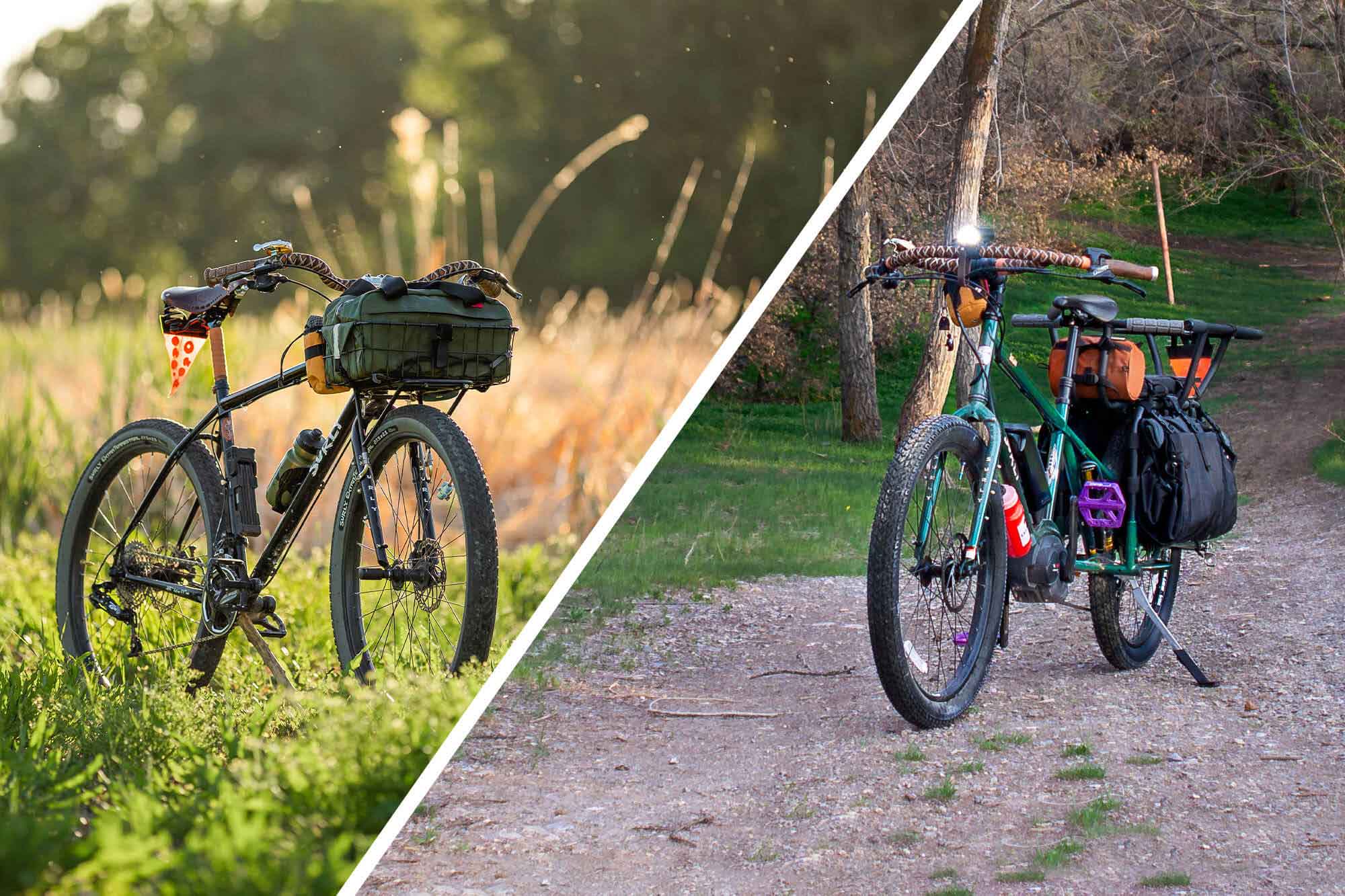 Collage: Abner's custom Surly Bridge Club bike and custom Surly Big Easy bike