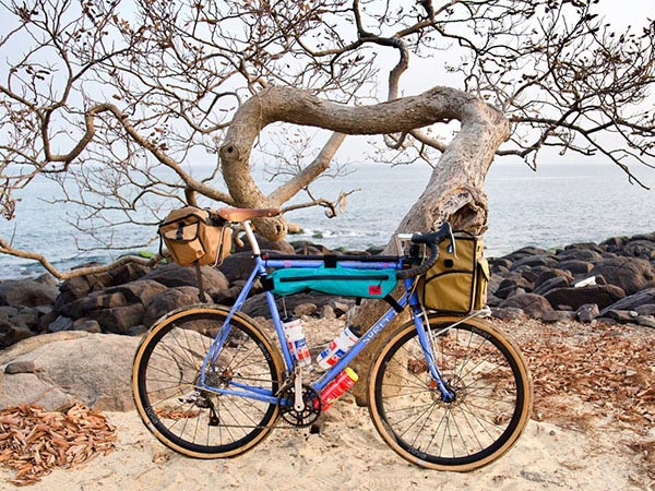 Fully loaded Midnight Special leaning against tree on rocky shore