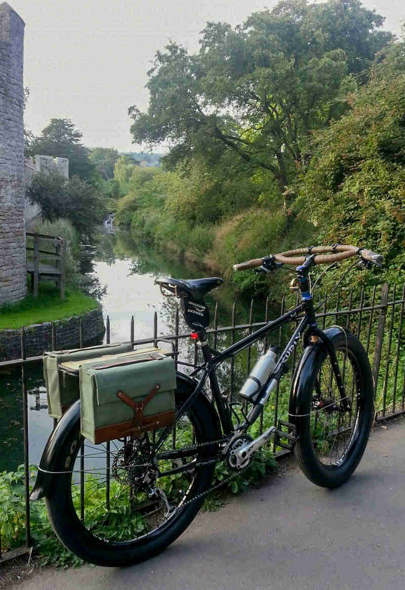 Rear right side view of a black Surly Troll bike, leaning on a iron fence, with a river below in the background