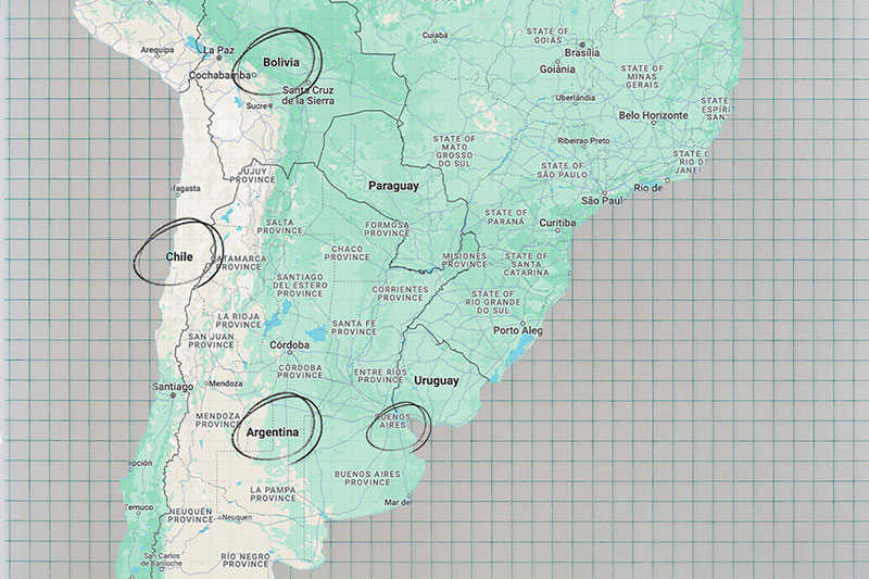 Map of South America with Bolivia, Chile, Argentina, and Buenos Aires circled