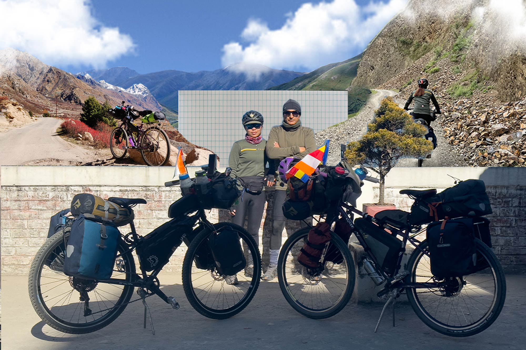 Dhruv and Ashim standing together with loaded Surly touring bikes in front of wall