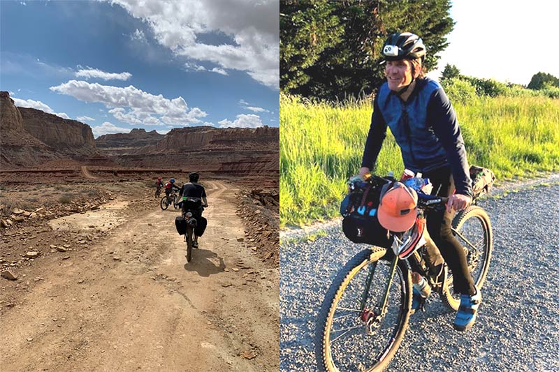 Split image; riding with kids on desert gravel road in Utah, man riding loaded bikepacking bike on gravel road