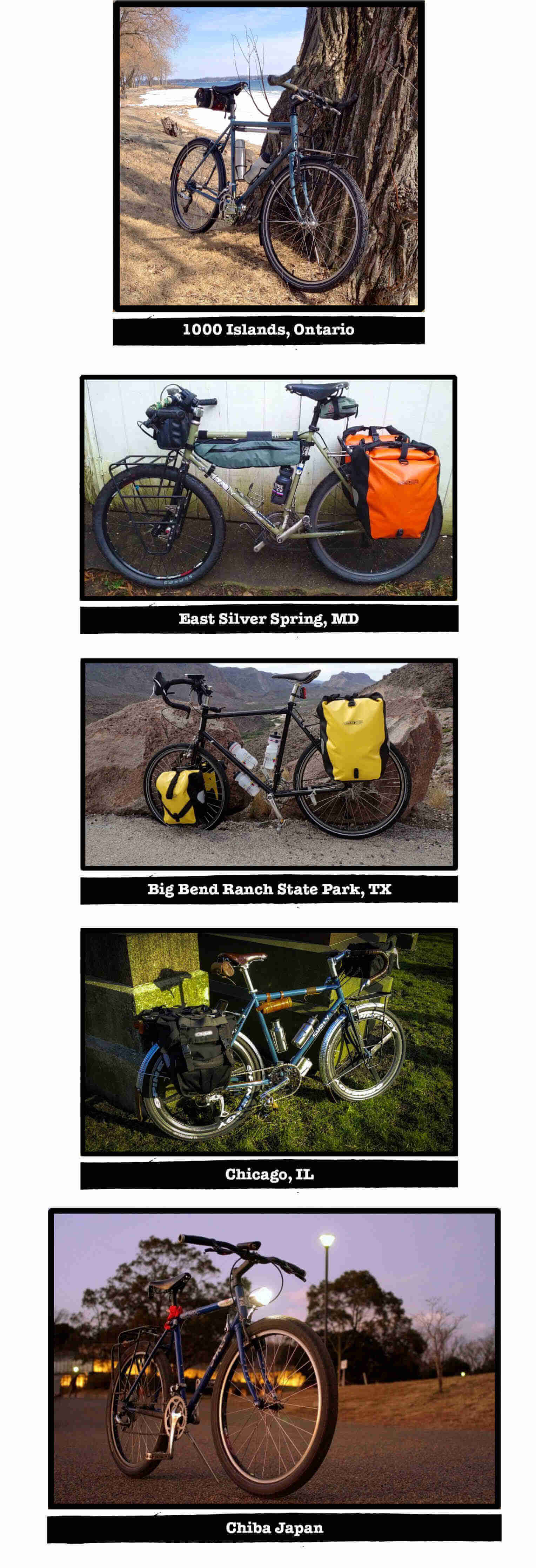 Multiple images of Surly Trucker bikes, with tags of their specific location listed below each image