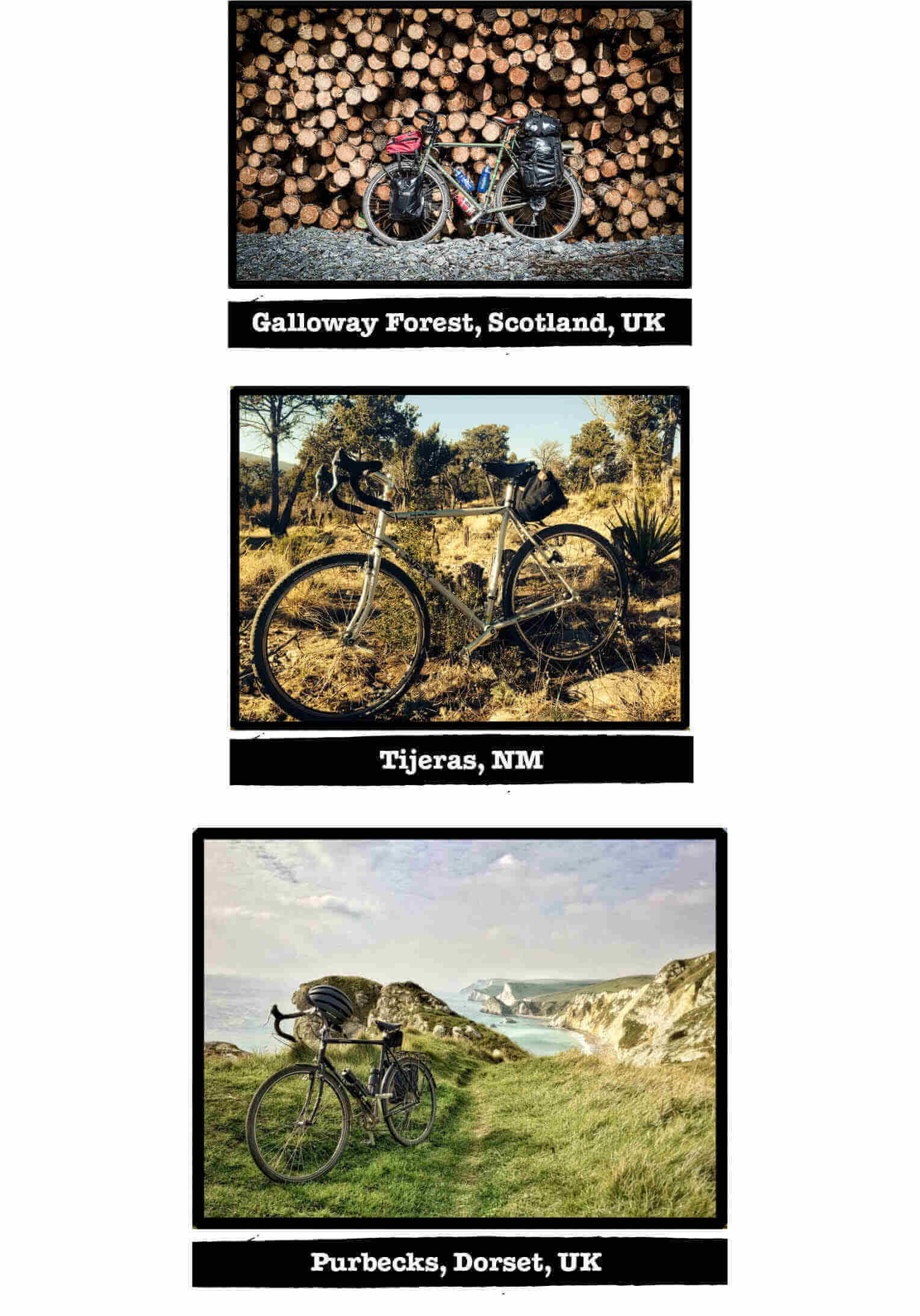 Multiple images of Surly Trucker bikes, with tags of their specific location listed below each image