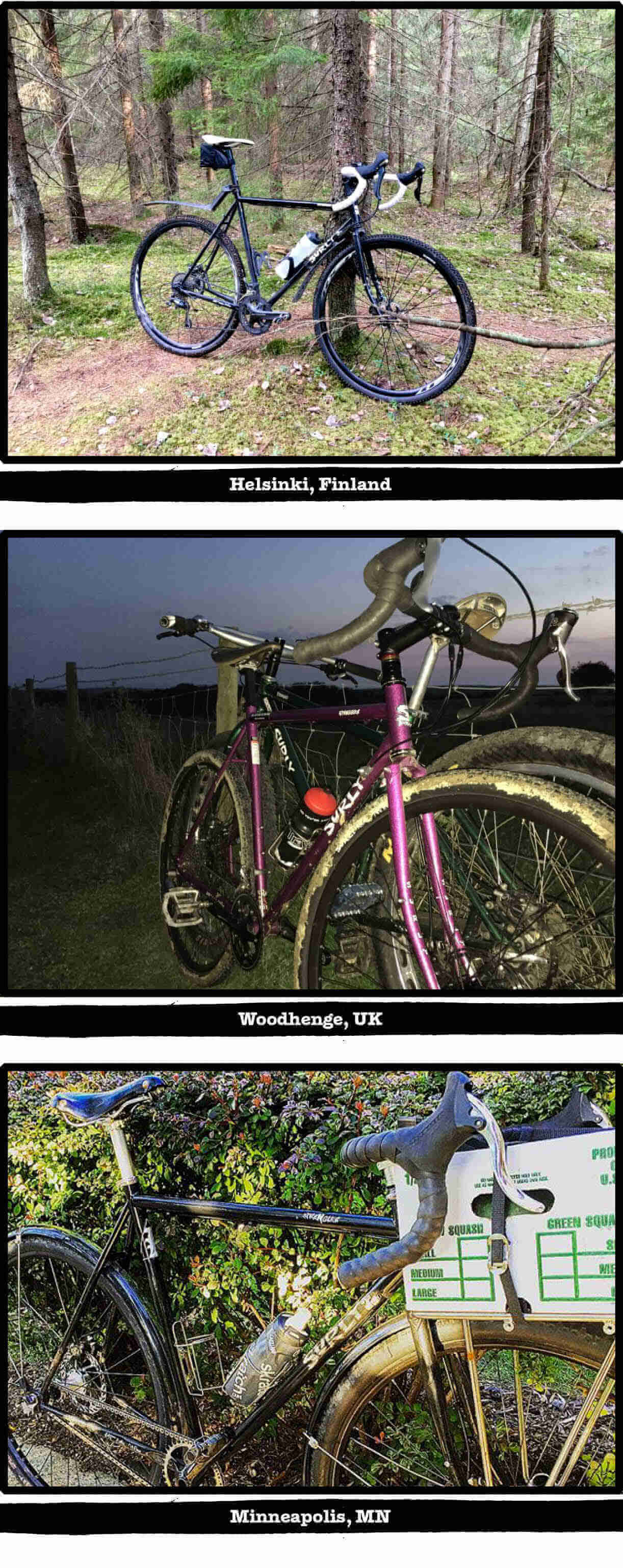 Multiple images of Surly Straggler bikes, with tags of their specific location listed below each image