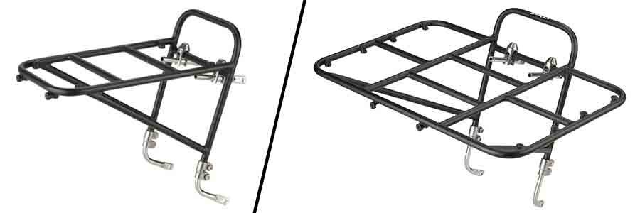 Right angled profile view of Surly 8 and 12 Rat Pack bike gear rack, black, separated with an angled line