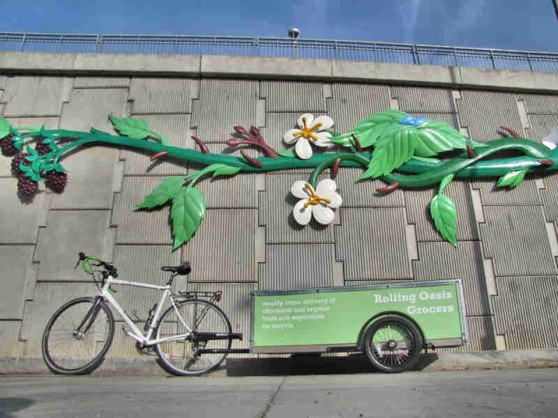 Left side view of Surly bike with a Rolling Oats Grocers trailer hitched behind, parked on a street 