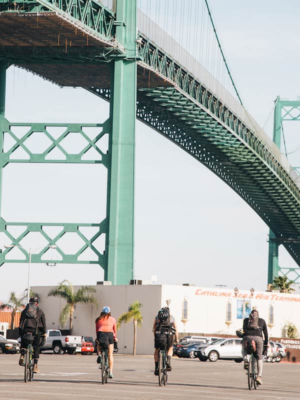 Rear view of 4 cyclists on a paved parking lot riding towards the Catalina Sea & Air Terminal under a large green bridge