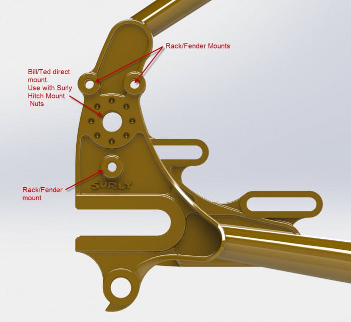 Close up cropped view of the drive side rear wheel dropout of a Surly Ogre bike frame, with feature call out arrows 