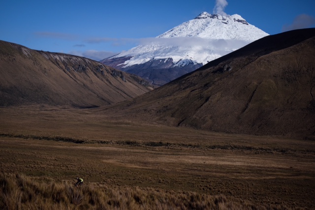 A cyclist riding across grassy plains, with hills and a snow capped mountain in the background