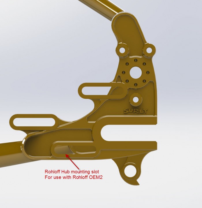 Close up cropped view of the non-drive side rear wheel dropout of a Surly Ogre bike frame