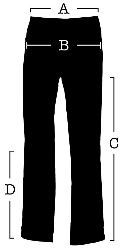 Pants with measurements for (A) Waist, (B) Seat, (C) Inseam, (D) Knee