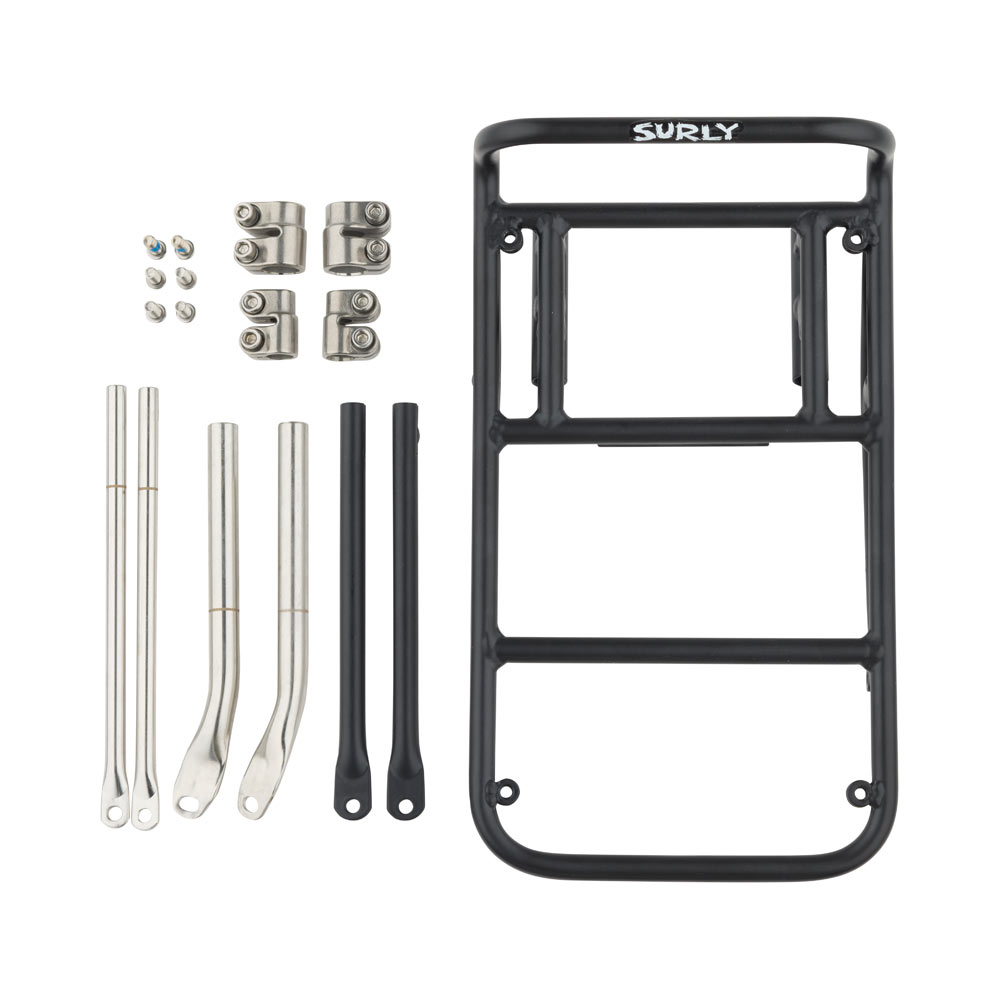 Surly 8-Pack Rack 2.0 Black parts disassembled on white background