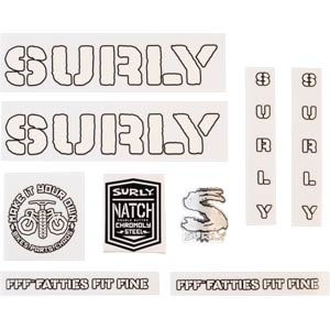 Surly Overspray Decal Set, White, sheet showing fork, chainstay, seat tube, down tube decals and head badge